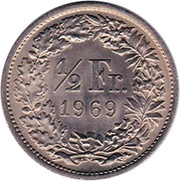 ½ Franc Helvetia standing; copper-nickel reverse image