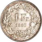 1 Franc Helvetia seated; 90% silver, Switzerland, 1850-1857 reverse image