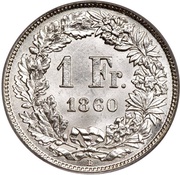 1 Franc Helvetia seated; 80% silver, Switzerland, 1860-1861 reverse image