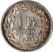 1 Franc Helvetia standing; nickel; trial, Switzerland, 1928 reverse image