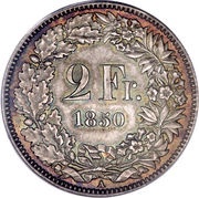 2 Francs Helvetia seated; 90% silver, Switzerland, 1850-1857 reverse image