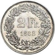2 Francs Helvetia seated; 80% silver, Switzerland, 1860-1863 reverse image