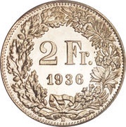 2 Francs Helvetia standing; silver, Switzerland, 1874-1967 reverse image