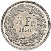 5 Francs Helvetia seated; trial; zinc, Switzerland, 1850 reverse image
