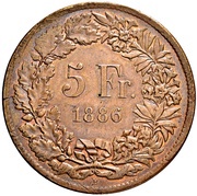 5 Francs Helvetia seated; trial; copper, Switzerland, 1886 reverse image