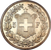 5 Francs Head of Helvetia, Switzerland, 1888-1916 reverse image