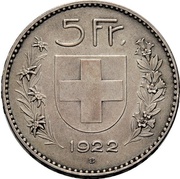5 Francs Herdsman; trial, Switzerland, 1922 reverse image