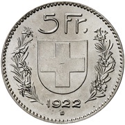 5 Francs Herdsman; silver; large type; 5 Fr., Switzerland, 1922-1923 reverse image
