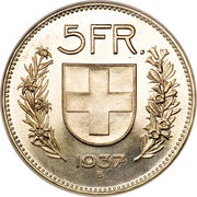 5 Francs Herdsman; silver; small type, Switzerland, 1931-1969 reverse image