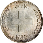 5 Francs "Laupentaler" Battle of Laupen, Switzerland, 1939 reverse image