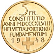 5 Francs Constitution; gold, Switzerland, 1948 reverse image