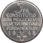 5 Francs Constitution; silver, Switzerland, 1948 reverse image
