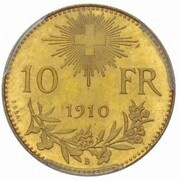 10 Francs Reeded edge; pattern, Switzerland, 1910 reverse image