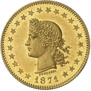 20 Francs Durussel pattern; gold, Switzerland, 1871 reverse image