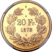 20 Francs Wiener pattern, Switzerland, 1873 reverse image