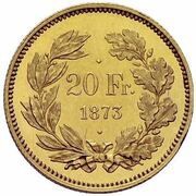 20 Francs Trial, Switzerland, 1883 reverse image