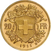 20 Francs "Vreneli" 22 stars on edge, Switzerland, 1897-1947 reverse image