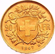 20 Francs "Vreneli" AD LEGEM ANNI MCMXXXI, Switzerland, 1947-1949 reverse image