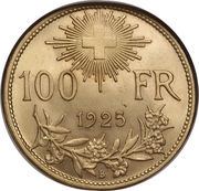 100 Francs "Vreneli", Switzerland, 1925 reverse image