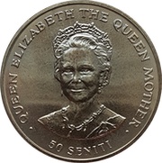 50 Seniti - Tāufaʻahau Tupou IV Queen Elizabeth the Queen Mother, Tonga, 1985 reverse image