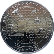 10 Dollars 5th Anniversary of the Republic, Trinidad and Tobago, 1981 reverse image