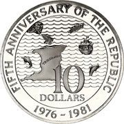 10 Dollars 5th Anniversary of the Republic; Silver Proof issue, Trinidad and Tobago, 1981 reverse image
