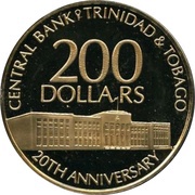 200 Dollars 20th Anniversary of Central Bank reverse image