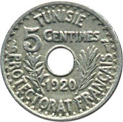 5 Centimes - Muhammad V reduced size, Tunisia, 1920 reverse image