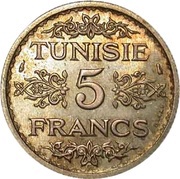 5 Francs - Ahmad II Essai; different design, Tunisia, 1935 reverse image