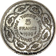 5 Francs - Ahmad II Essai, Tunisia, 1939 reverse image