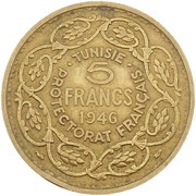 5 Francs - Muhammad VIII, Tunisia, 1946 reverse image