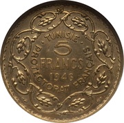 5 Francs - Muhammad VIII Piedfort Essai, Tunisia, 1946 reverse image