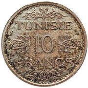 10 Francs - Ahmad II, Tunisia, 1934 reverse image