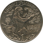 1 Dinar Country map, Tunisia, 1988-1990 reverse image