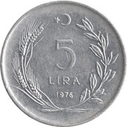 5 Lira large type; crescent to left, Turkey, 1974-1979 reverse image