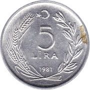 5 Lira small type; crescent to left, Turkey, 1981 reverse image