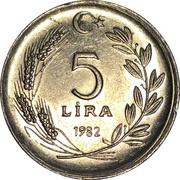 5 Lira small type; crescent to right; large 5, Turkey, 1982 reverse image