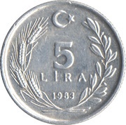 5 Lira small type; crescent to right; small 5, Turkey, 1983 reverse image