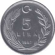 5 Lira, Turkey, 1984-1989 reverse image