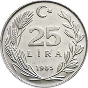 25 Lira, Turkey, 1985-1989 reverse image