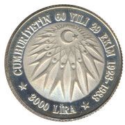 3000 Lira Republic's Anniversary, Turkey, 1983 reverse image
