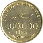 100 000 Lira 75th Anniversary of the Republic of Turkey obverse image