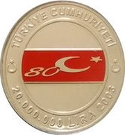 20 000 000 Lira 80th anniversary of Republic of Turkey obverse image
