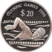 20 Dollars - Elizabeth II Swimming, Tuvalu, 1994 reverse image