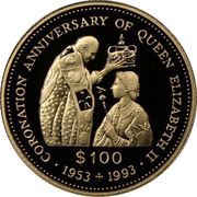 100 Dollars - Elizabeth II 40th Anniversary of Coronation, Tuvalu, 1993 reverse image