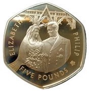 5 Pounds - Elizabeth II 60th Wedding Anniversary; Couple at Westminster, United Kingdom, 2007 reverse image