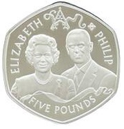 5 Pounds - Elizabeth II 60th Wedding Anniversary; Modern portraits, United Kingdom, 2007 reverse image