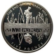 5 Pounds - Elizabeth II End of Great War; Silver Proof, United Kingdom, 2018 reverse image