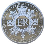 5 Pounds - Elizabeth II 95th Birthday; Silver Proof, United Kingdom, 2021 reverse image