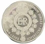 5 Sovereigns - Elizabeth II Platinum Jubilee; Platinum Proof, United Kingdom, 2022 reverse image